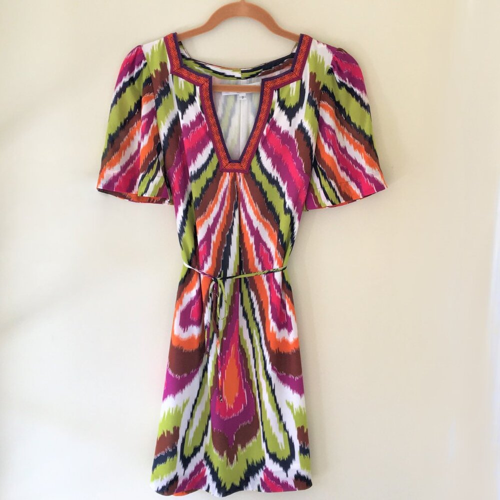Trina Turk 100% Silk Ikat Dress, Raspberry/Olive, Size 2
